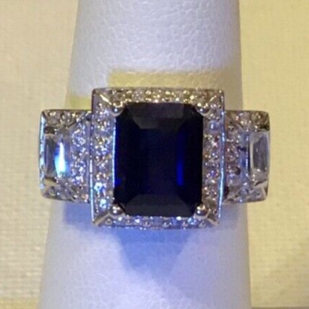 Art Deco Filigree Sapphire and Diamond Ring 925 Sterling Sz8